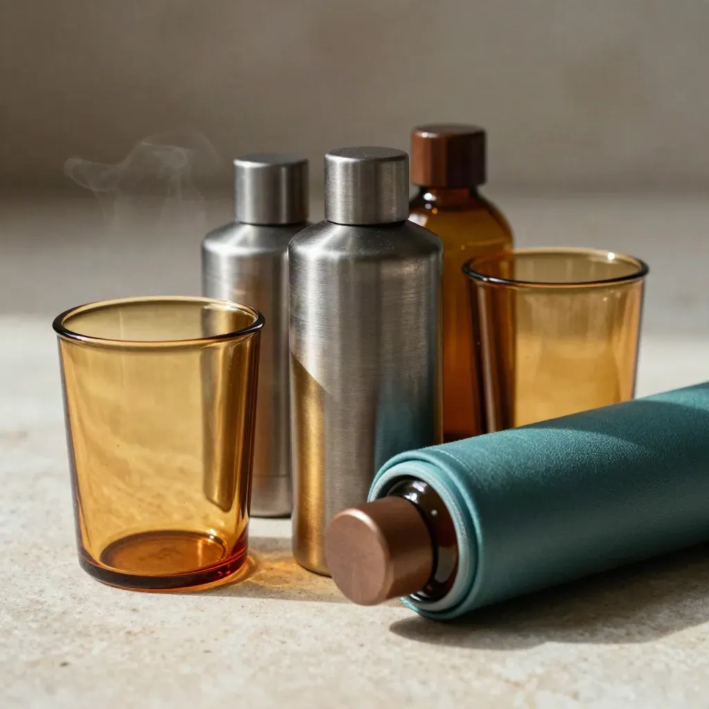 Amberkleurige flacons, een aluminium cilinder en koelhoes op steen met teal accent.