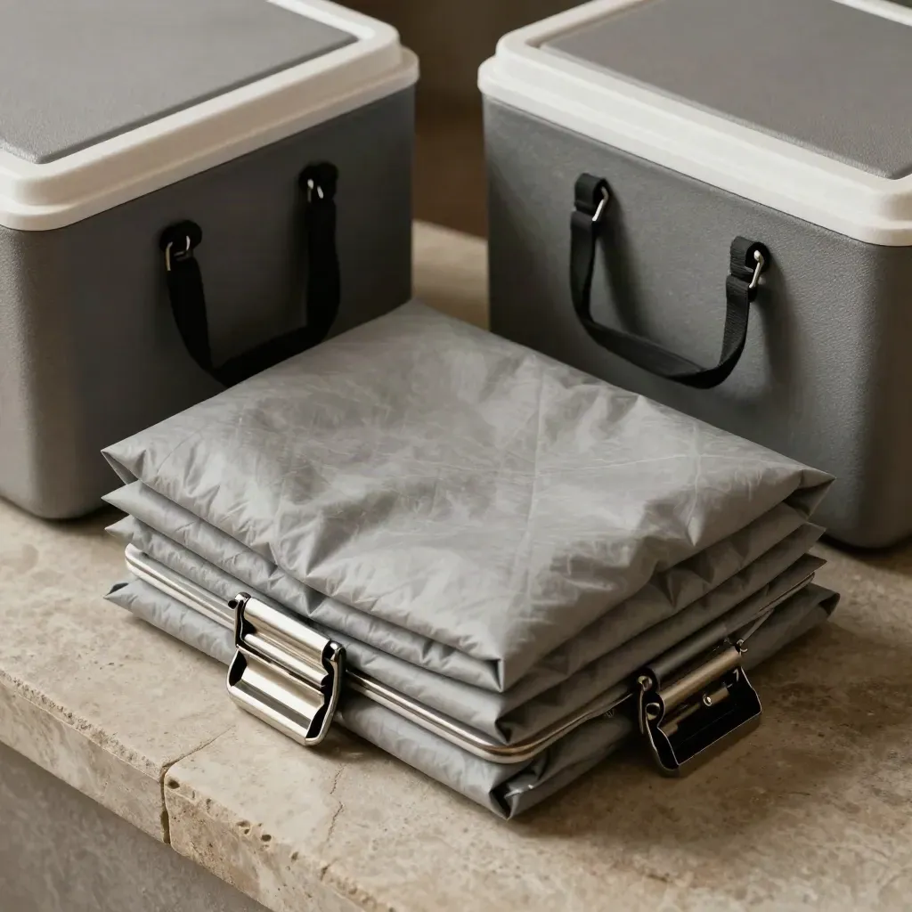 Koelketen-set met kratdeksels, koelaccu’s, klemmen en thermische liner op pale stone.