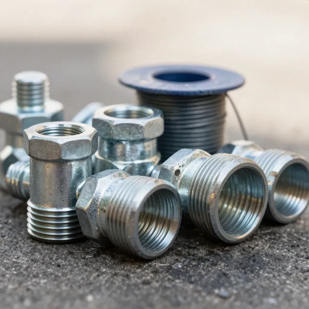 Macro van verzinkte pijpkoppelingen, bouten en binddraad op donker beton.