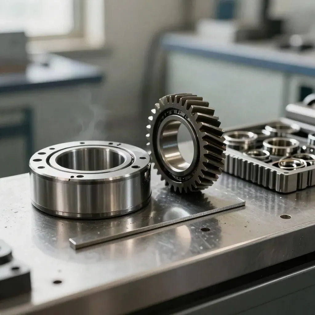 Lagerhuis, tandwielrand, shim en onderdelenbak op een metalen werkbank