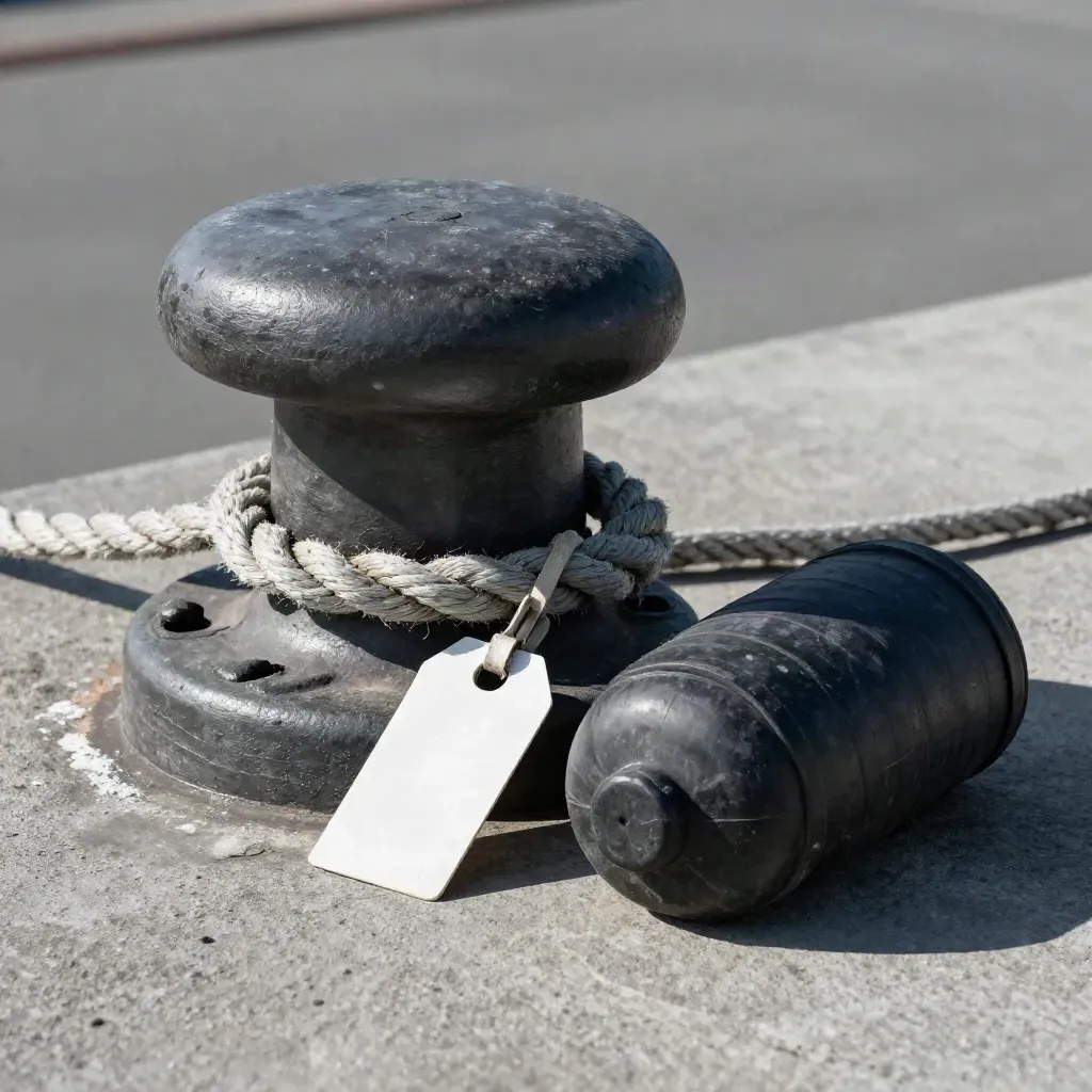Dockbolder, touwkous, cargotag en rubberen stootrand op beton in dramatisch licht