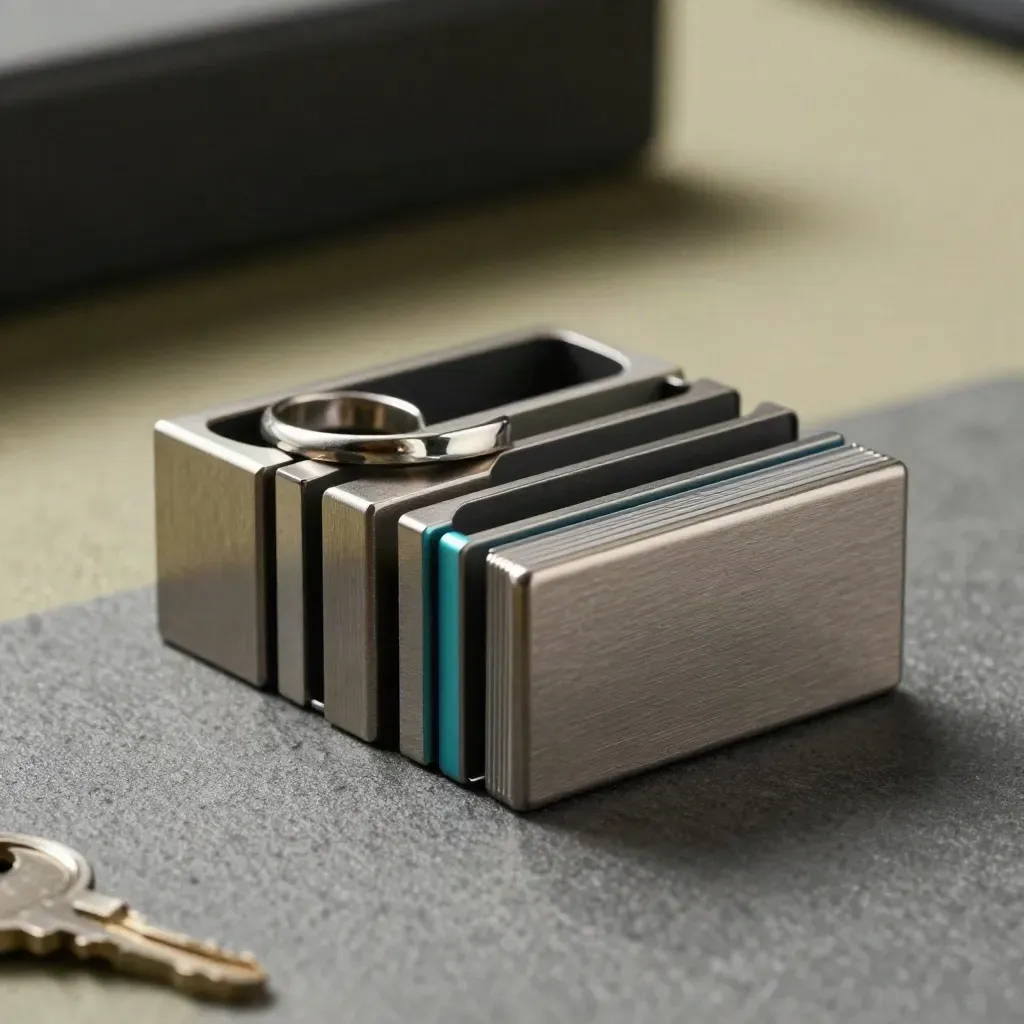 Metalen indexblokken en kaarthouder op grafietsteen met koele teal accenten.