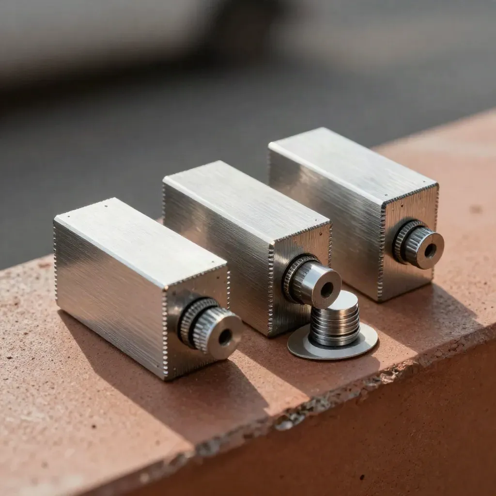 Drie aluminium klemblokjes met spacers op een matte ondergrond, close-up in zilvergrijs.