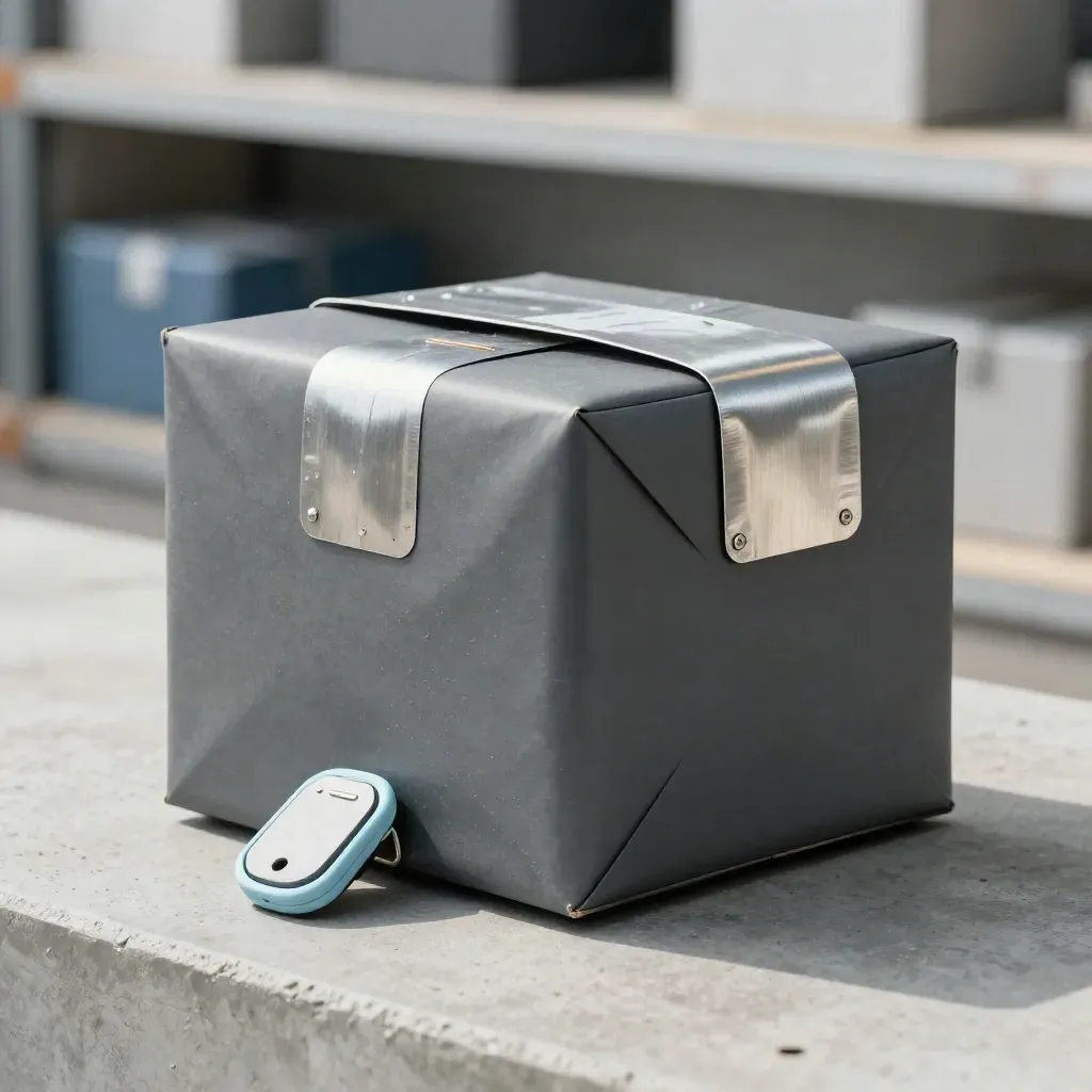 Verzegelde pakketkubus met trackerpuck en klemclip op een koele betonnen werkbank.