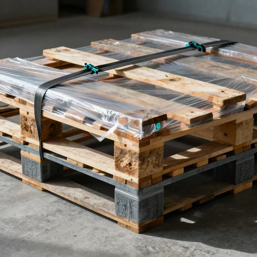 Houten palletdelen met spanband en folie op beton, dramatisch belicht.