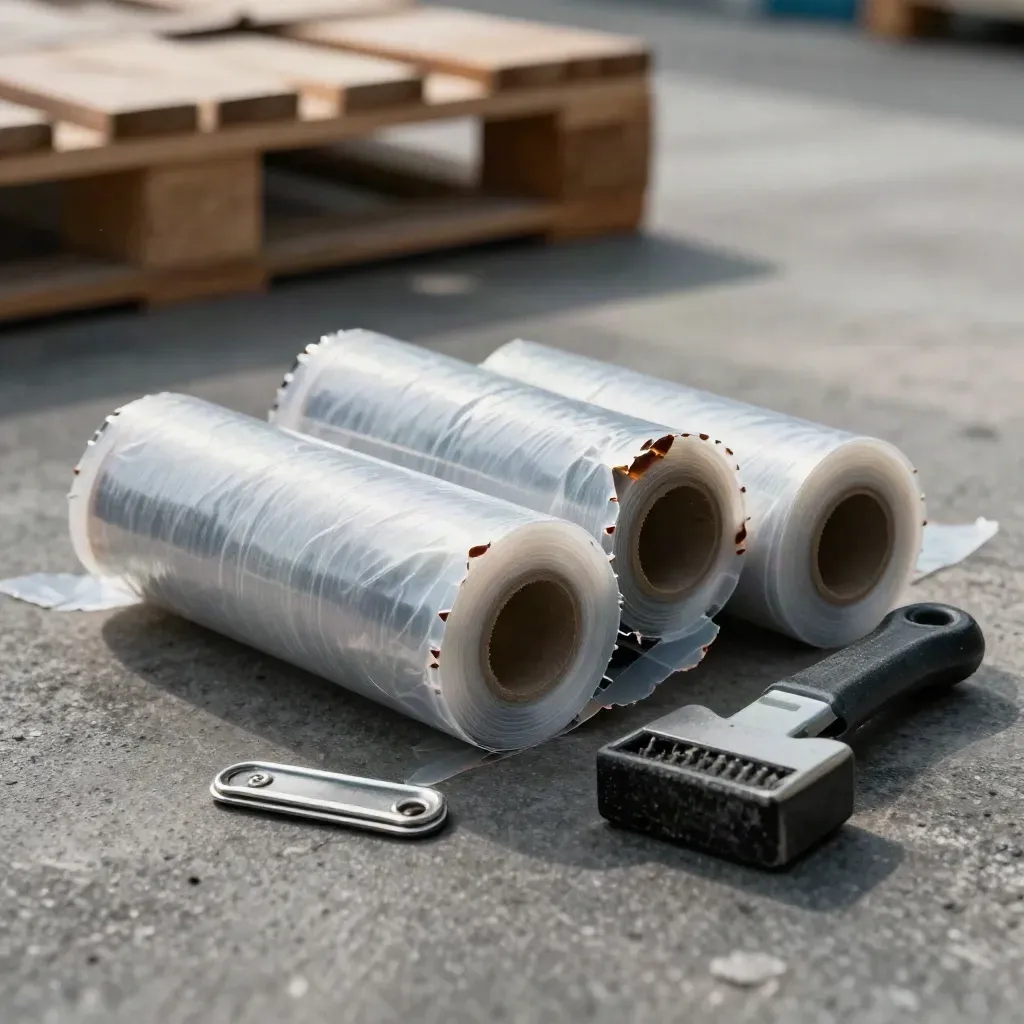 Dispatchmagneten, palletwrap, sealclip en hoekbeschermer op een laadperron in close-up.