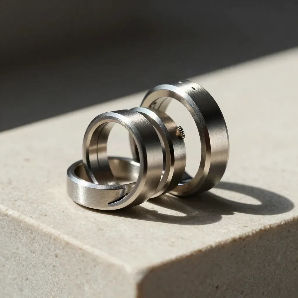 Glanzende metalen koppelringen en connectors op een donkere steenplaat in dramatisch licht