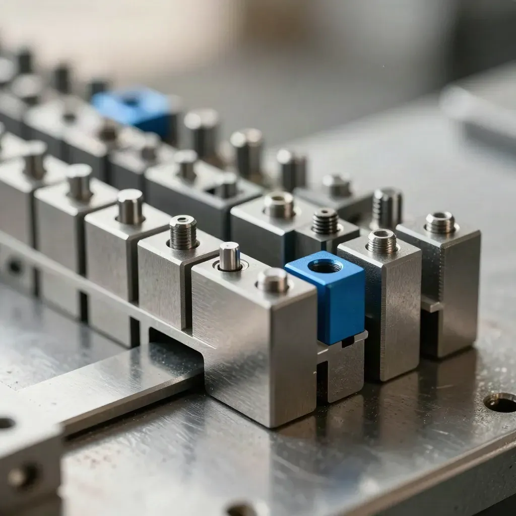 Modulaire blokken en verbindingsbeugel op geborsteld staal in macrodetail.